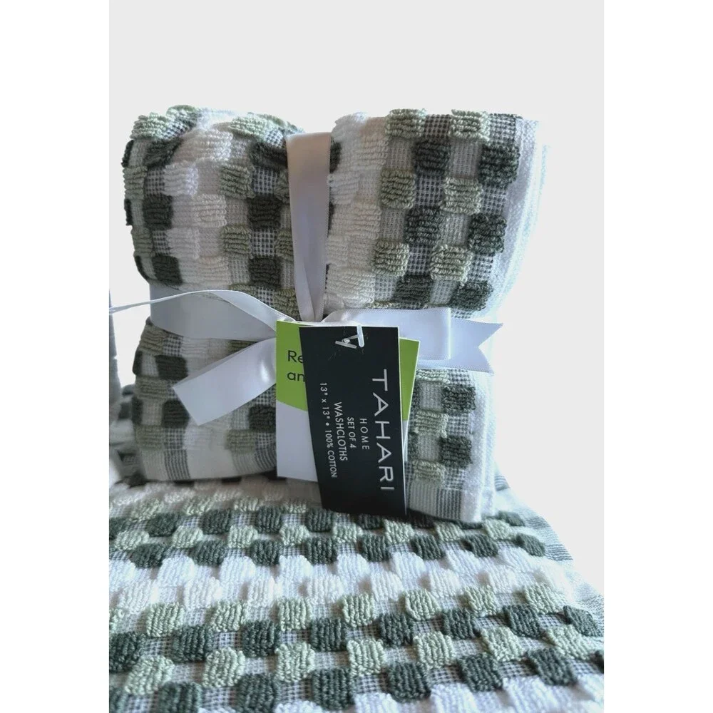 Tarhari 8 Piece Towel Set Tiles Squares Green White 2 Bath 2 Hand 4 Washcloths